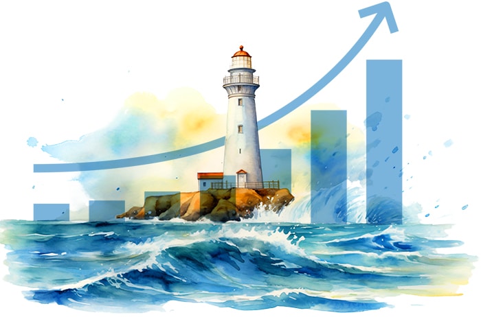 Illustration of a lighthouse and financial bar graph indicating growth