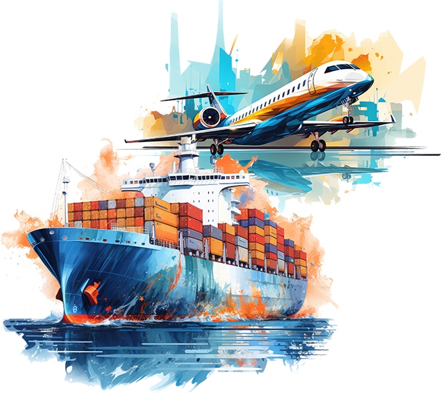 A illustration of an airplane and a cargo ship